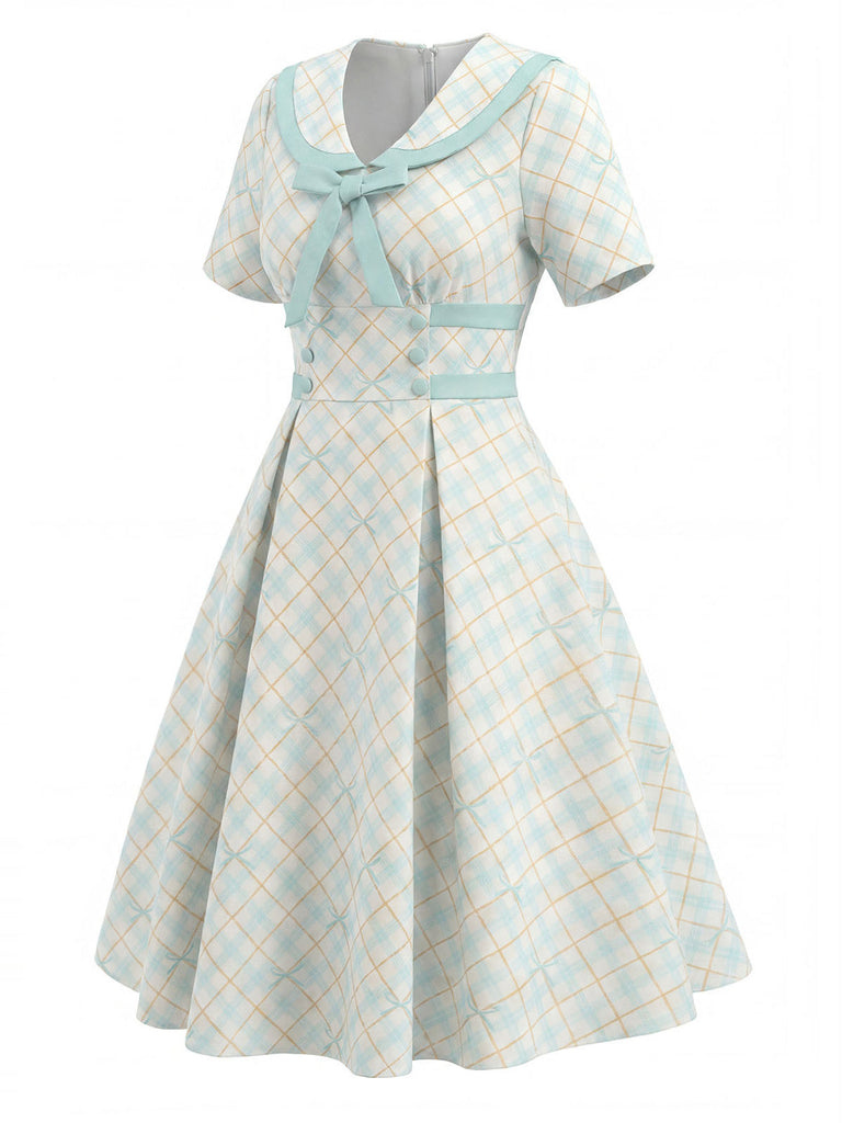 [Pre-Sale] Yellow & Blue 1950s Peter Pan Collar Plaid Bow Dress, vintage dress, retro fashion, rockabilly, pin-up fashion - perfect for women who love vintage and retro fashion