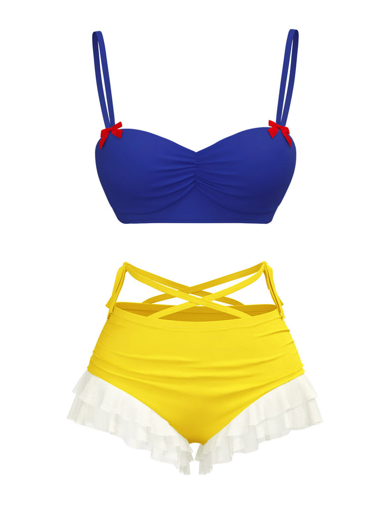 She's wearing Yellow & Blue 1950s Snow White Style Ruffled Swimsuit and the whole beach remembers the 1950s