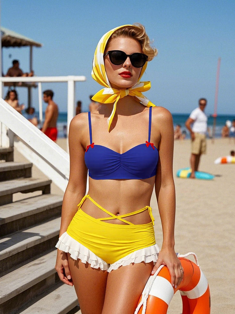 Yellow & Blue 1950s Snow White Style Ruffled Swimsuit: 1950s Riviera elegance, reimagined for her