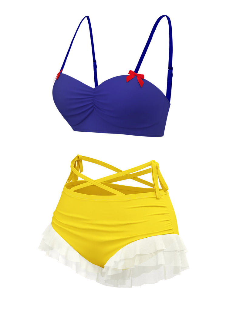 This Yellow & Blue 1950s Snow White Style Ruffled Swimsuit carries 1950s vacation dreams in every stitch