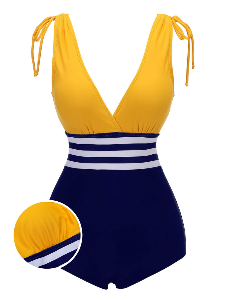 Yellow & Blue 1950s Striped Lace-Up Swimsuit, vintage swimsuit, pin-up swimwear - perfect for women who love vintage and retro fashion