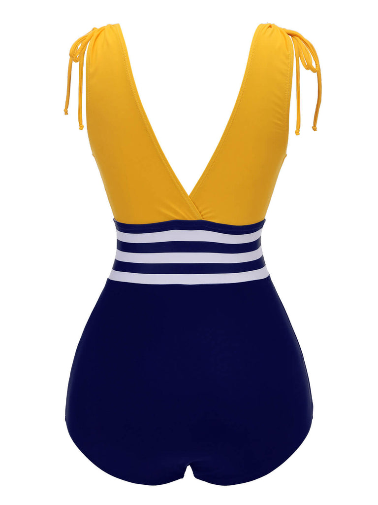 Yellow & Blue 1950s Striped Lace-Up Swimsuit, vintage swimsuit, pin-up swimwear - perfect for women who love vintage and retro fashion