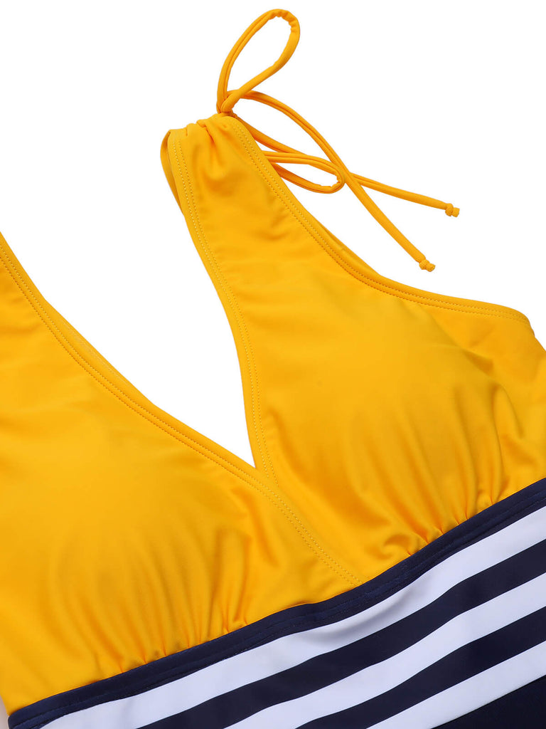 Yellow & Blue 1950s Striped Lace-Up Swimsuit, vintage swimsuit, pin-up swimwear - perfect for women who love vintage and retro fashion