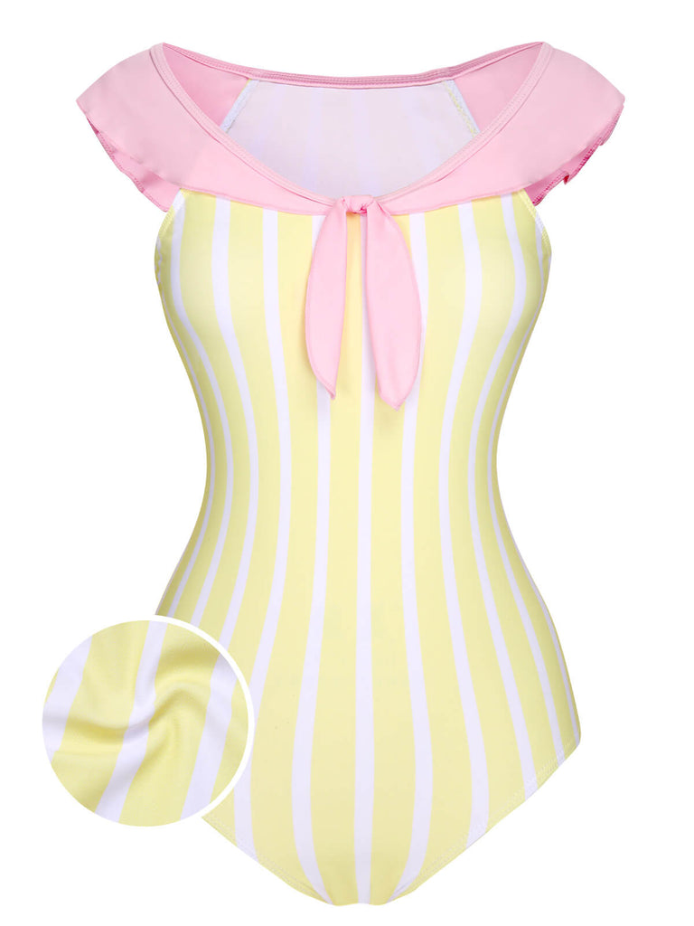 Yellow & Pink 1940s Stripe One-Piece Swimsuit, vintage swimsuit, pin-up swimwear - perfect for women who love vintage and retro fashion
