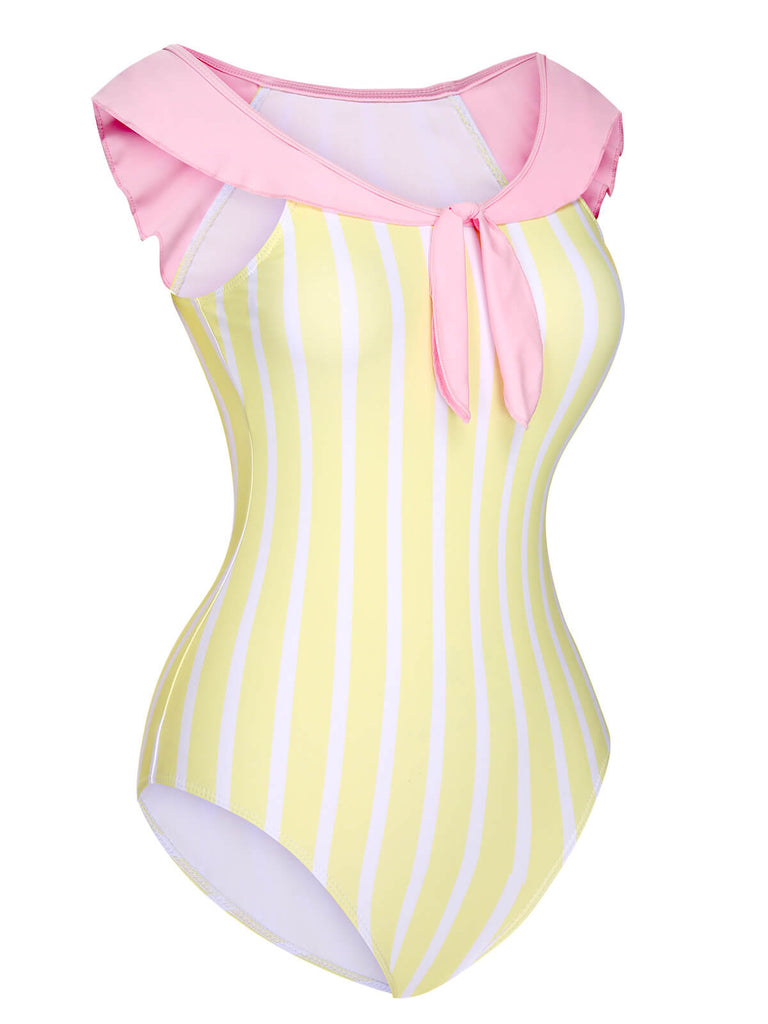 Yellow & Pink 1940s Stripe One-Piece Swimsuit, vintage swimsuit, pin-up swimwear - perfect for women who love vintage and retro fashion