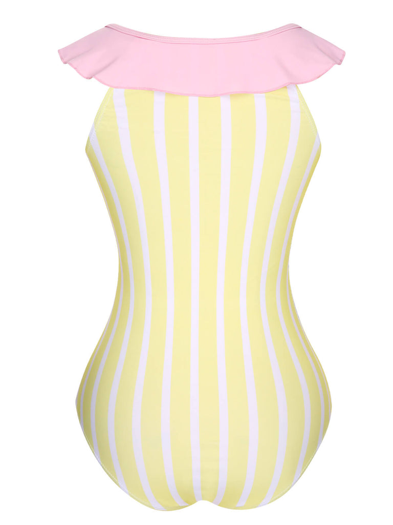 Yellow & Pink 1940s Stripe One-Piece Swimsuit, vintage swimsuit, pin-up swimwear - perfect for women who love vintage and retro fashion