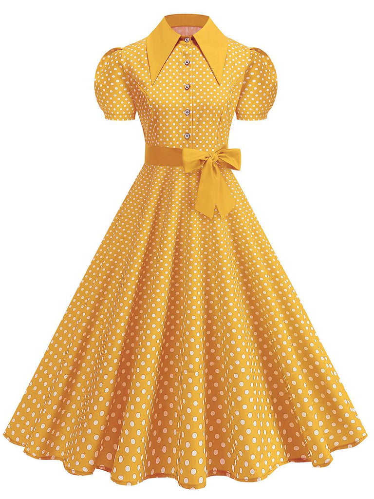Vintage polka dot belted swing dress with shirt collar in classic 1950s retro style