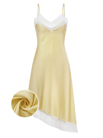 Yellow V-neck lace asymmetric nightgown front view featuring elegant feminine design for romantic sleepwear styling