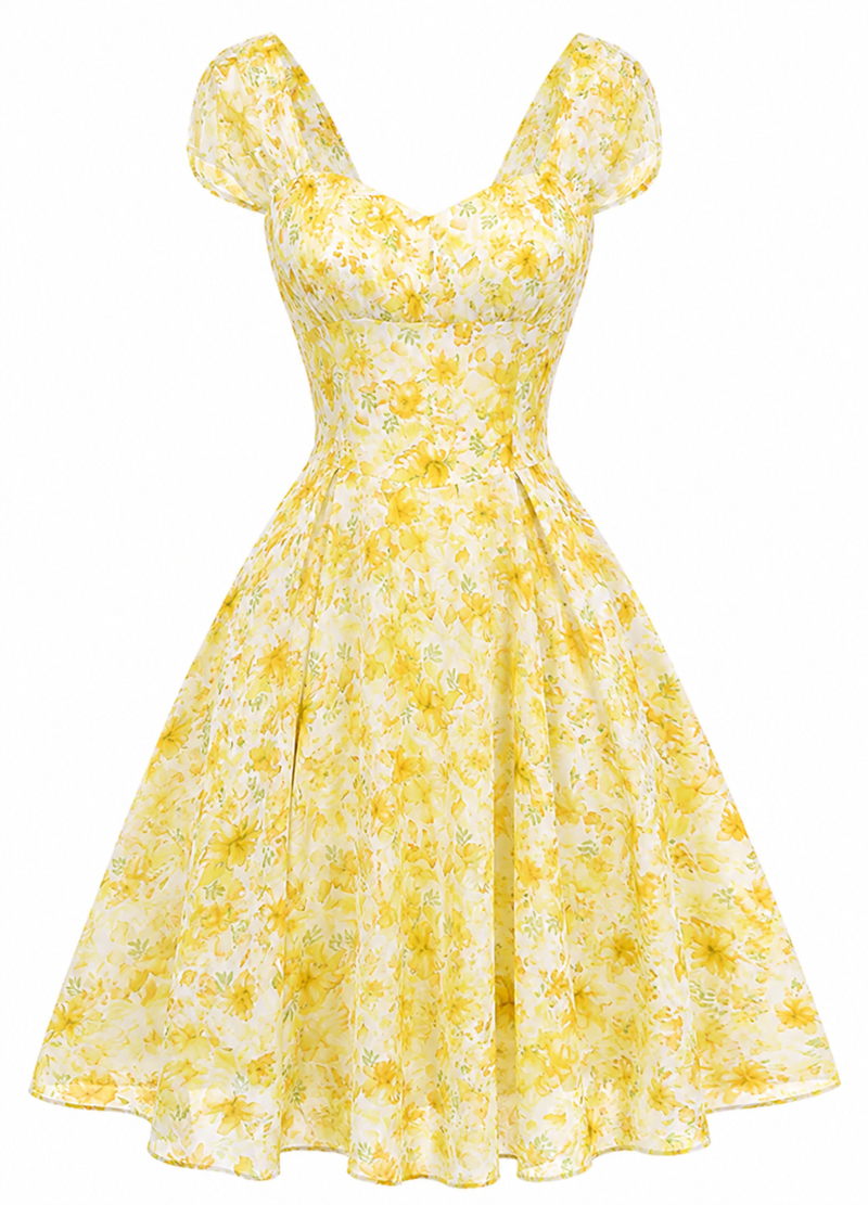 Pre-Sale] Yellow 1950s Puff Sleeve Sweetheart Neck Floral Swing