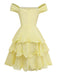 Yellow off-shoulder dress with ruffled layers on a white background