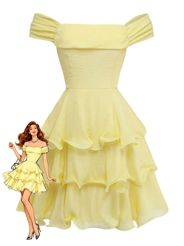 Yellow off-shoulder dress with ruffled layers on a white background