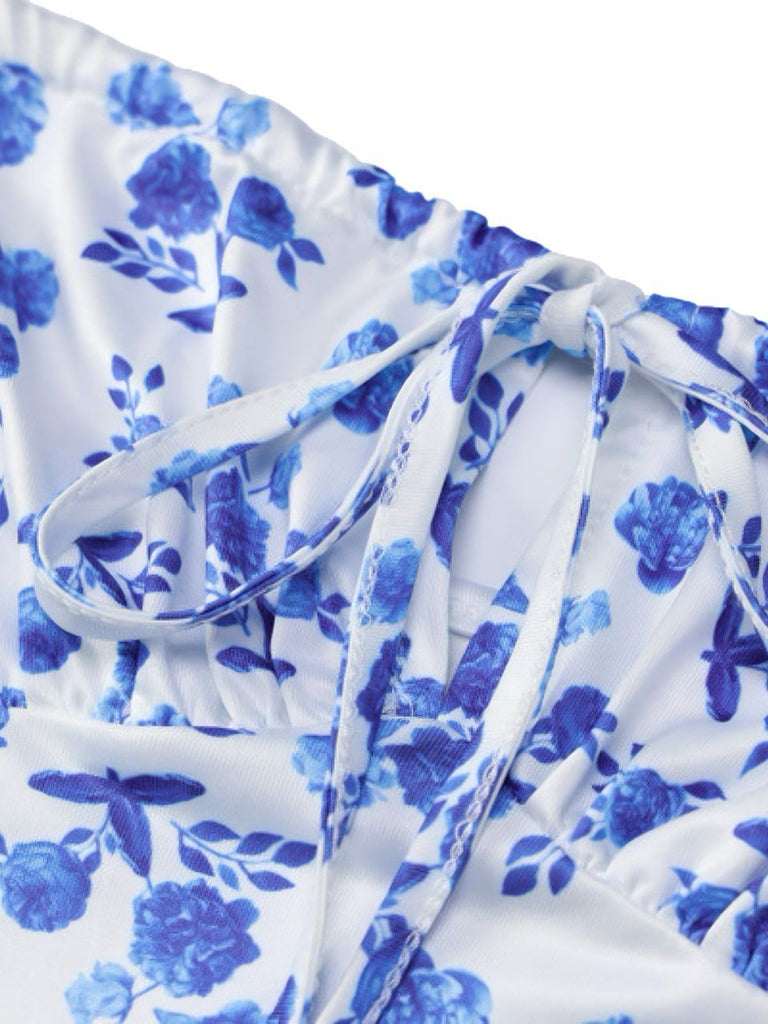 Blue 1930s Ditsy Floral Spaghetti Strap Fishtail Dress