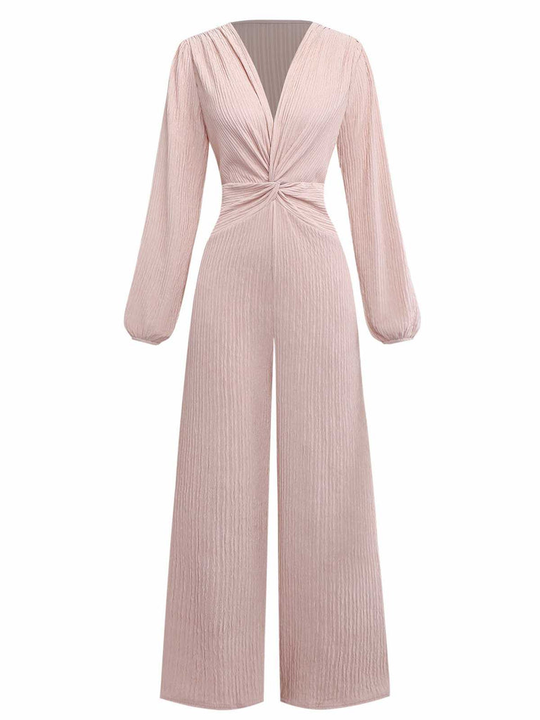 1970s V-Neck Solid Twist Long Sleeve Jumpsuit