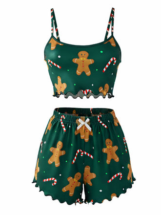 Green 1970s Gingerbread Cookie Candy Satin Pajama Set