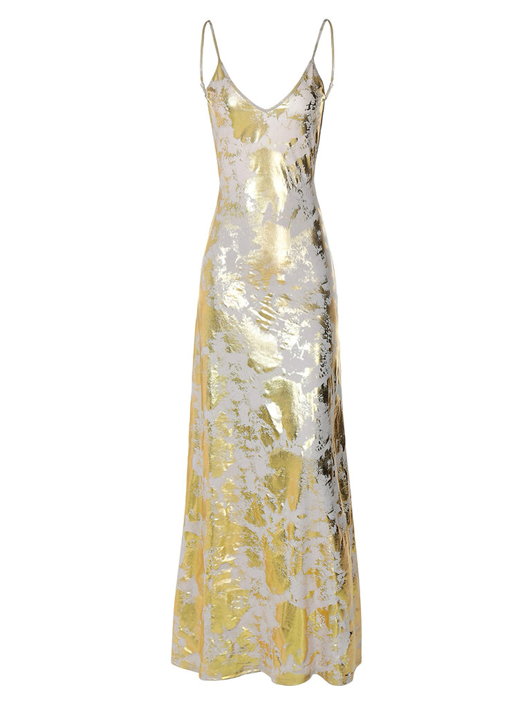 Gold 1980s Spaghetti Strap V-Neck Foil Print dress