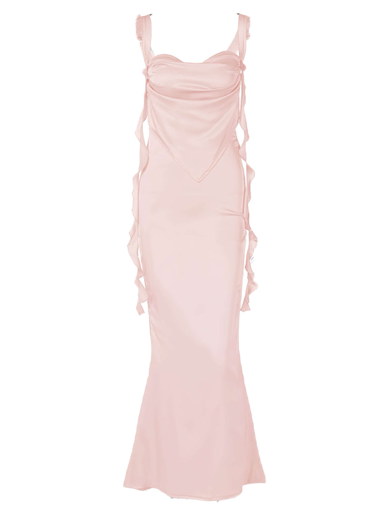 1970s Solid Satin Ruffle Backless Ruched Dress