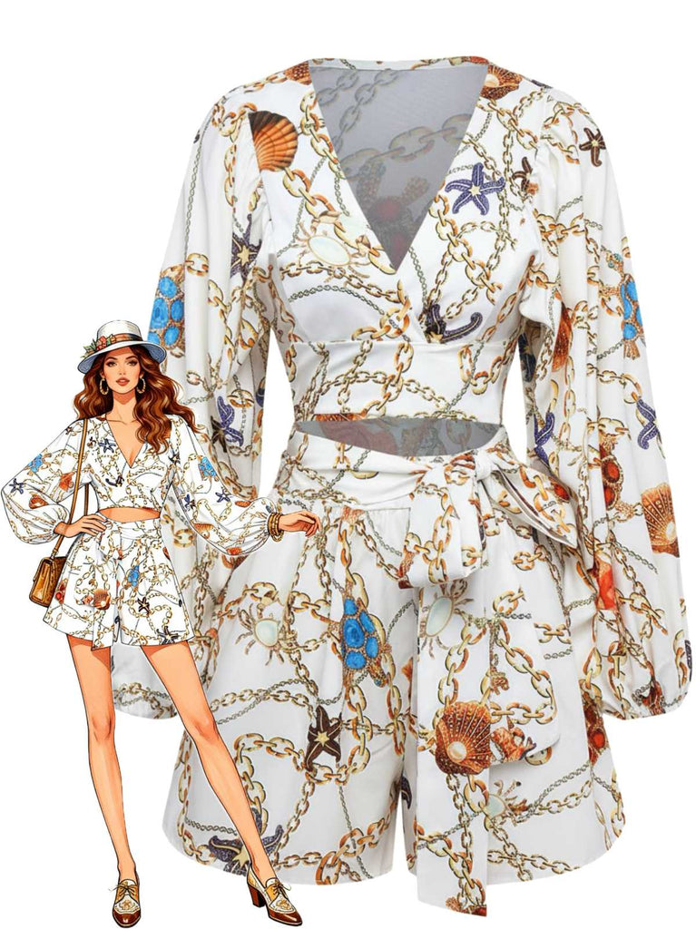 1960s V-Neck Chain Seashell Waist Cutout Romper