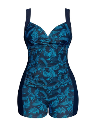 [Plus Size] Deep Blue 1980s Botanical Print One-Piece Swimsuit