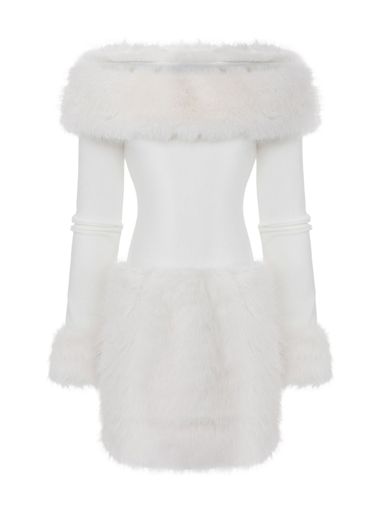 White 1960s Christmas Faux Fur Trim Off-Shoulder Dress