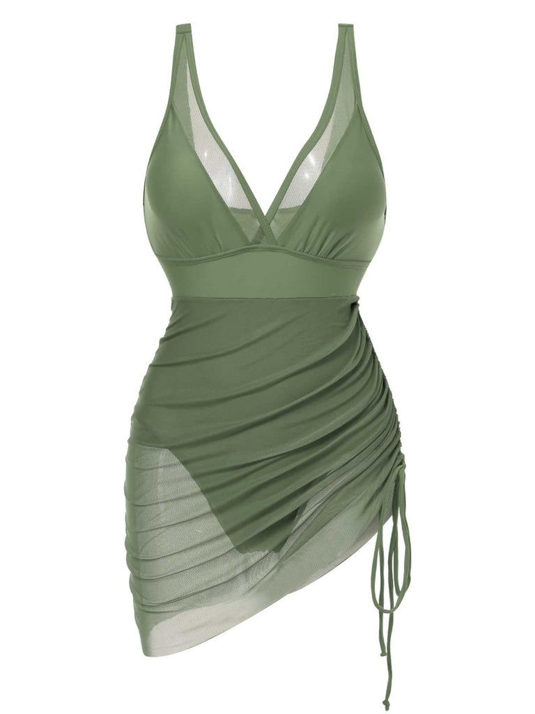 1950s Strap Sheer Mesh Solid One-Piece Swimsuit