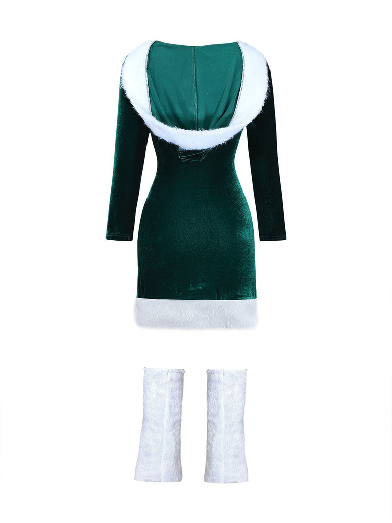 1980s Christmas Fur Trim Hooded Velvet Dress