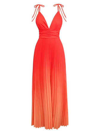 Orange 1930s Slip V-Neck Gradient Pleated Maxi Dress