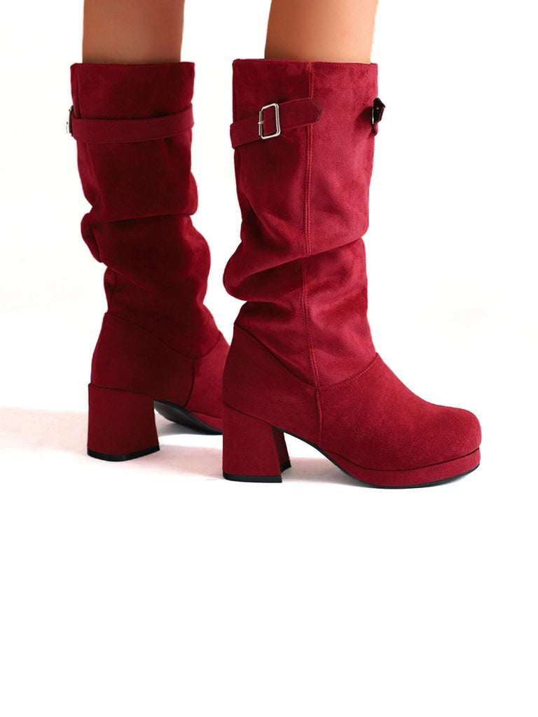 Suede Slouch Block Heel Mid Boots