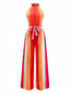 Multicolor 1960s Round Halter Belted Stripe Jumpsuit