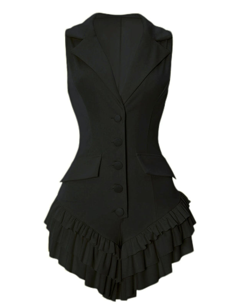 1960s Lapel Button Ruffle Hem Romper