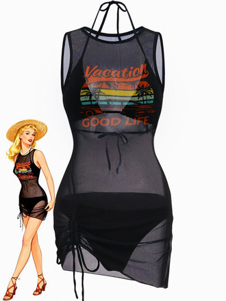 3PCS Black 1960s Vacation Print Mesh Halter Ruched Bikini Set & Cover-Up