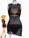 3PCS Black 1960s Vacation Print Mesh Halter Ruched Bikini Set & Cover-Up