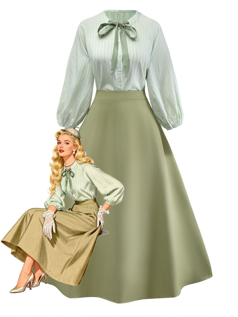 2PCS Green 1980s Tie-Neck Blouse & Solid Skirt