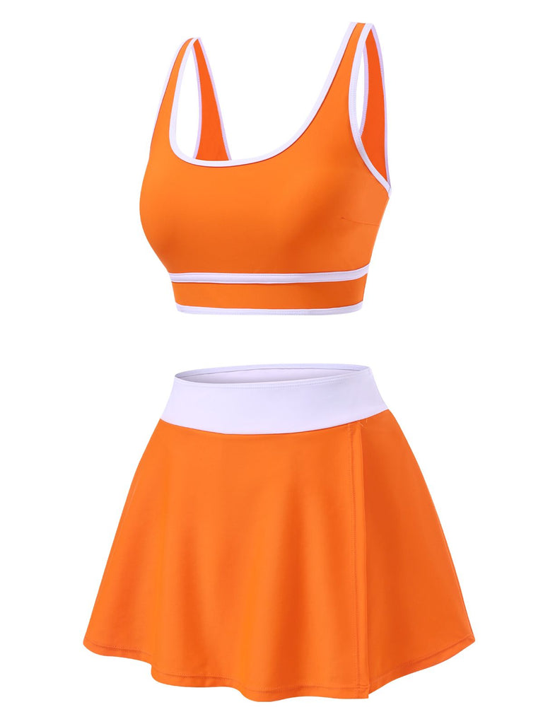 2PCS 1940s Square Neck Side Slit Colorblock Skirt Swimsuit