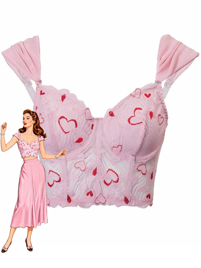 Pink 1950s Valentine's Day Lace Heart Boned Corset