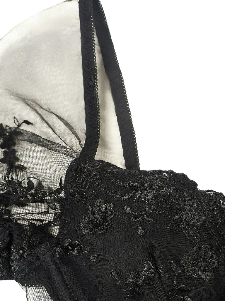 Black 1970s Puff Sleeve Lace Corset Top