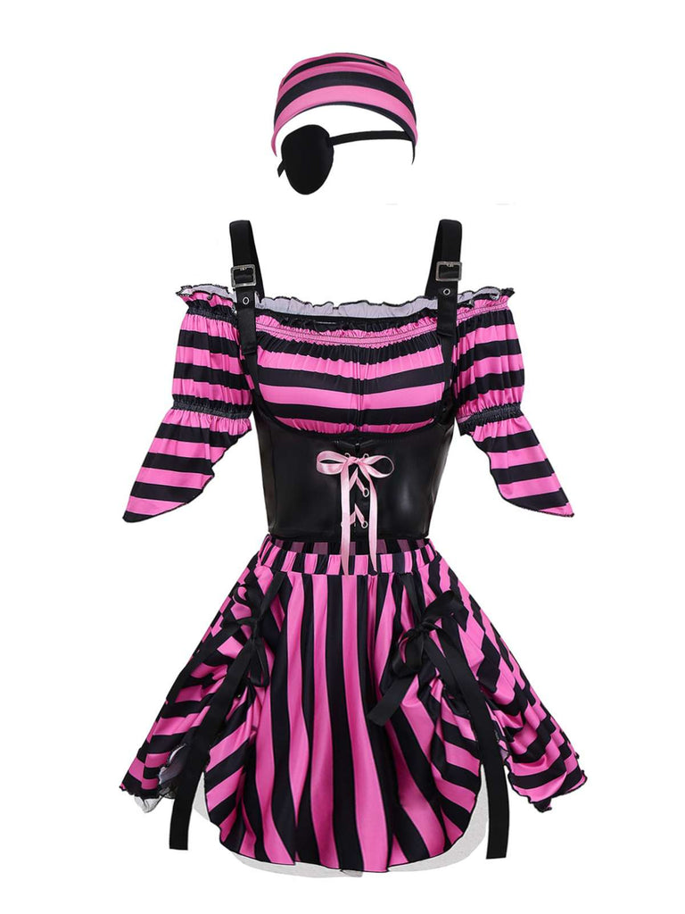 2PCS Pink 1970s Halloween Striped Pirate Costume Set