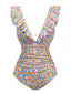 1950s Ruffled Ditsy Floral Deep V-Neck Swimsuit