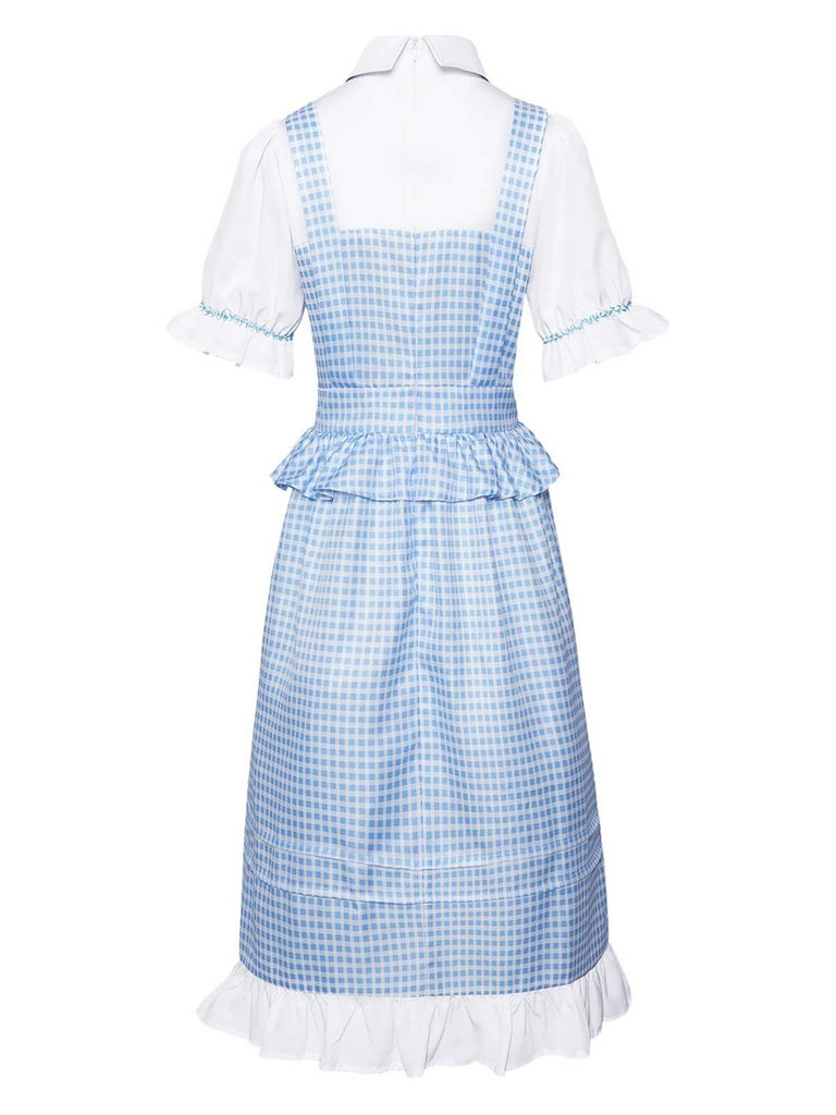 Blue 1970s Gingham Ruffle Puff Sleeve Costume Dress