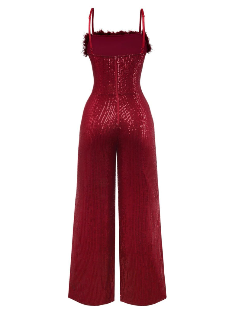 1970s Sequined Fur Trim Patchwork Spaghetti Strap Jumpsuit