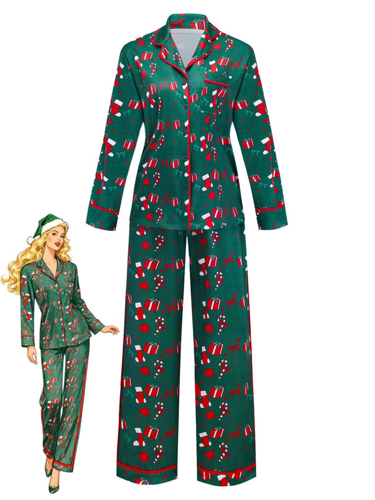 Green 1940s Christmas Print Pajama Set