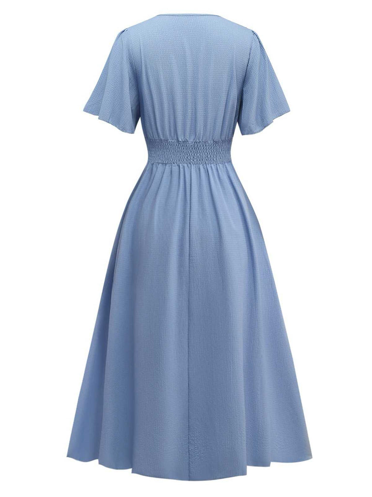 1940s V-Neck Ruffled Sleeve Slit Dress