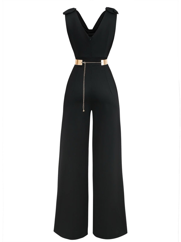 Black 1930s Sequined Belt Deep V-Neck Jumpsuit