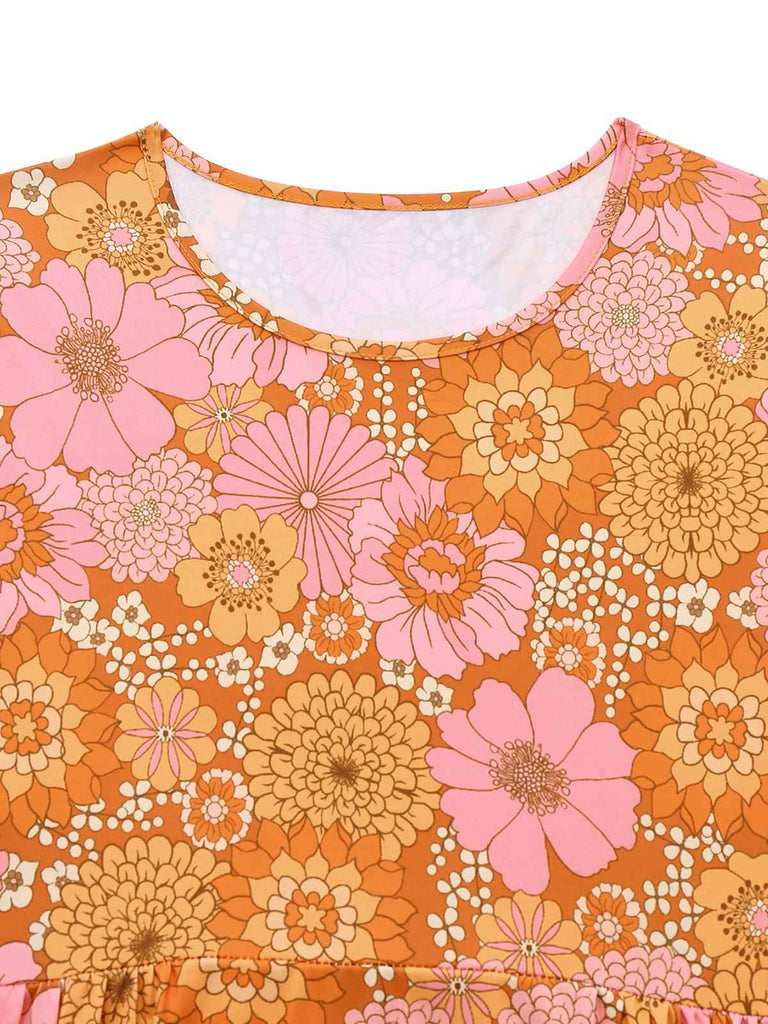 Orange 1960s Hippe Bell Sleeve Floral Dress