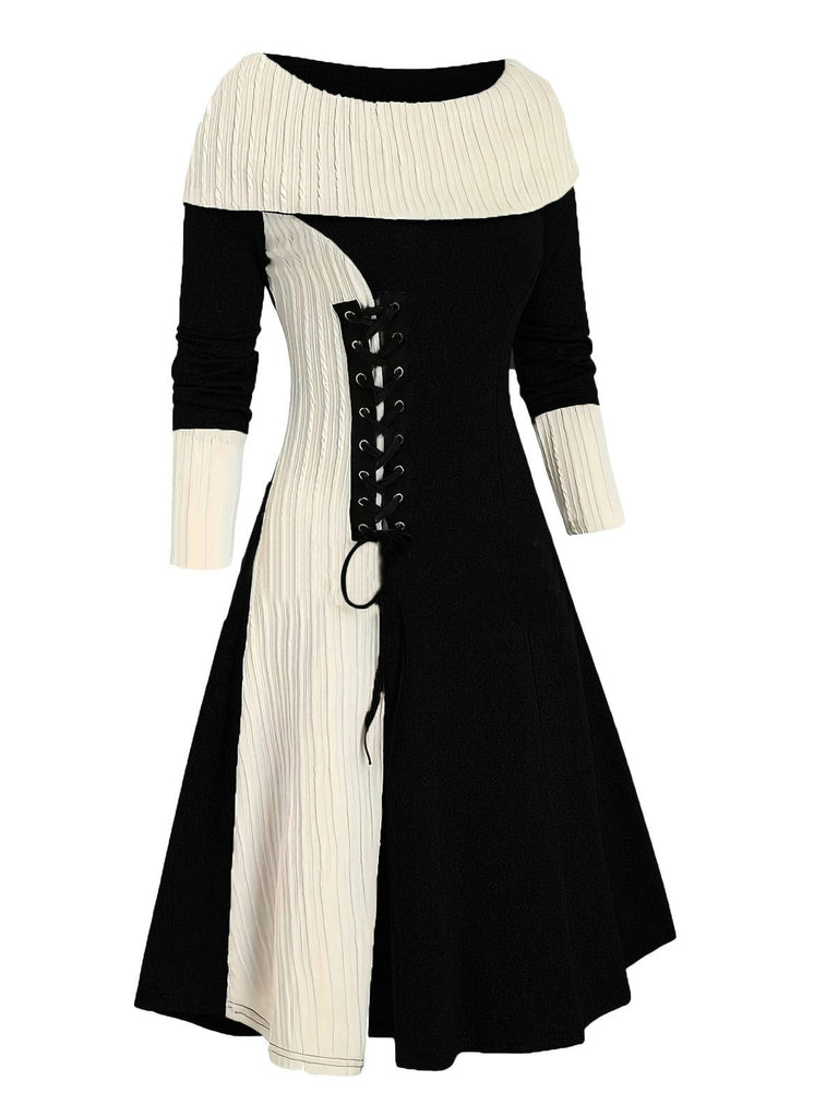1940s Lace-Up Colorblock Off-Shoulder Dress