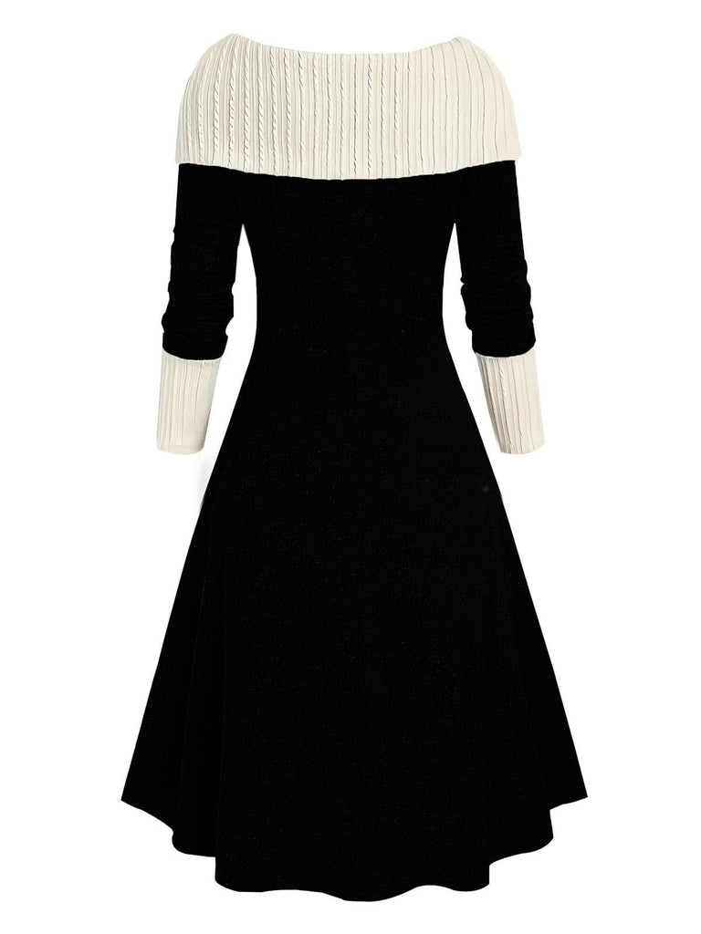 1940s Lace-Up Colorblock Off-Shoulder Dress