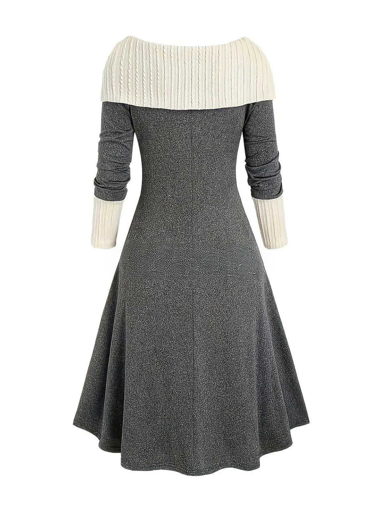 1940s Lace-Up Colorblock Off-Shoulder Dress