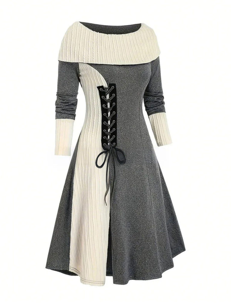 1940s Lace-Up Colorblock Off-Shoulder Dress
