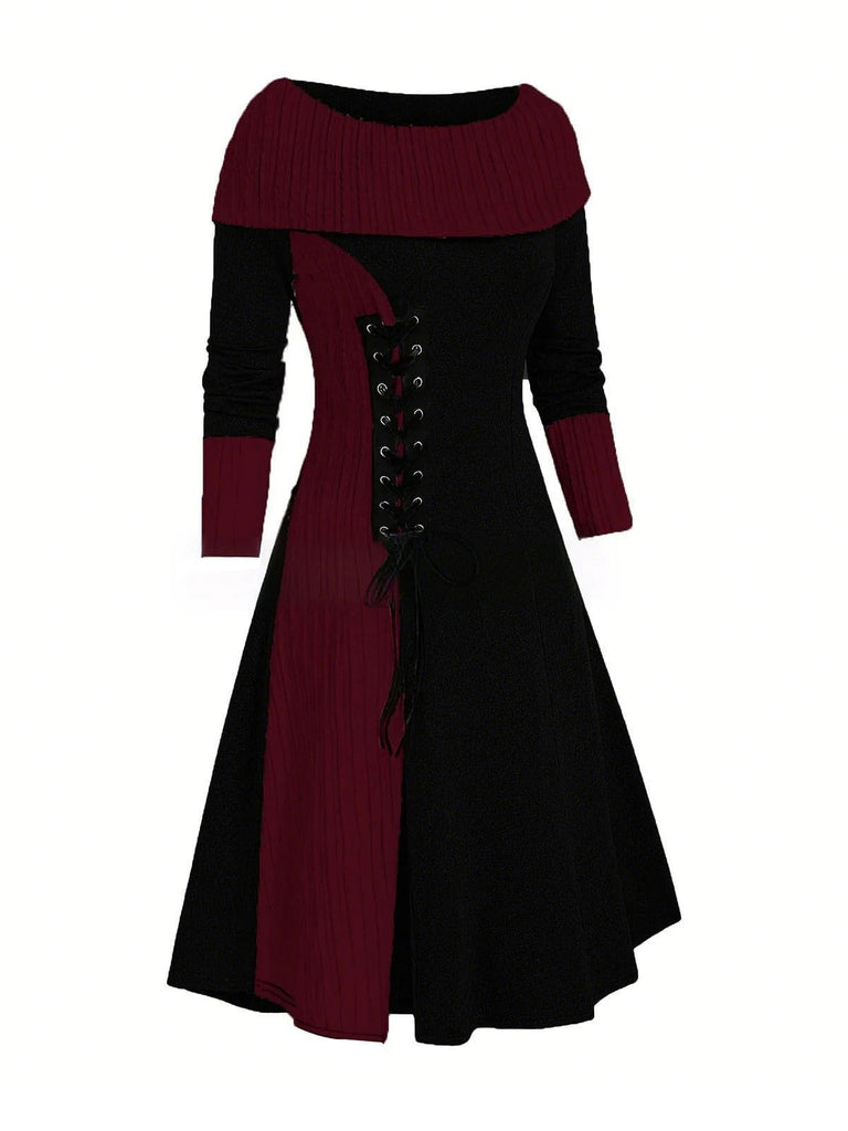 1940s Lace-Up Colorblock Off-Shoulder Dress