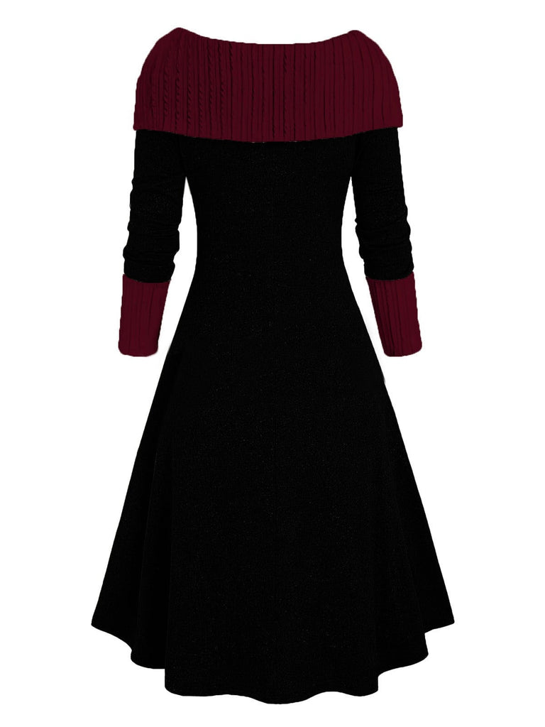 1940s Lace-Up Colorblock Off-Shoulder Dress