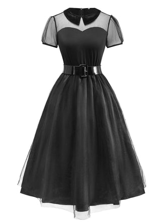 Black 1940s Peter Pan Collar Sheer Belted Tulle Dress